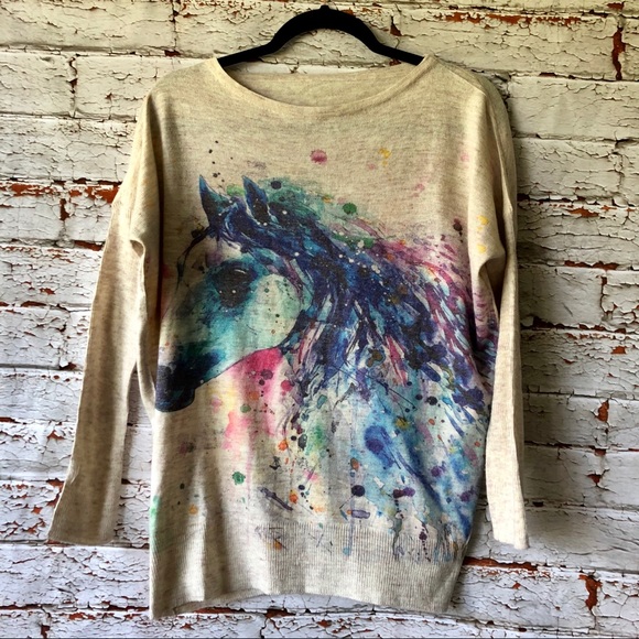 Sweaters - Watercolor Horse Batwing Sleeve Knit Sweater